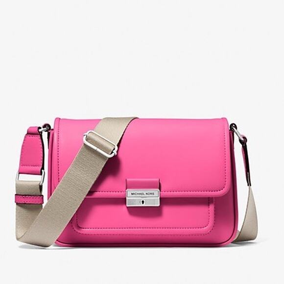 Michael Kors Bradshaw Medium Leather Handbag Messenger Crossbody Bag Pink Purse - Picture 1 of 4